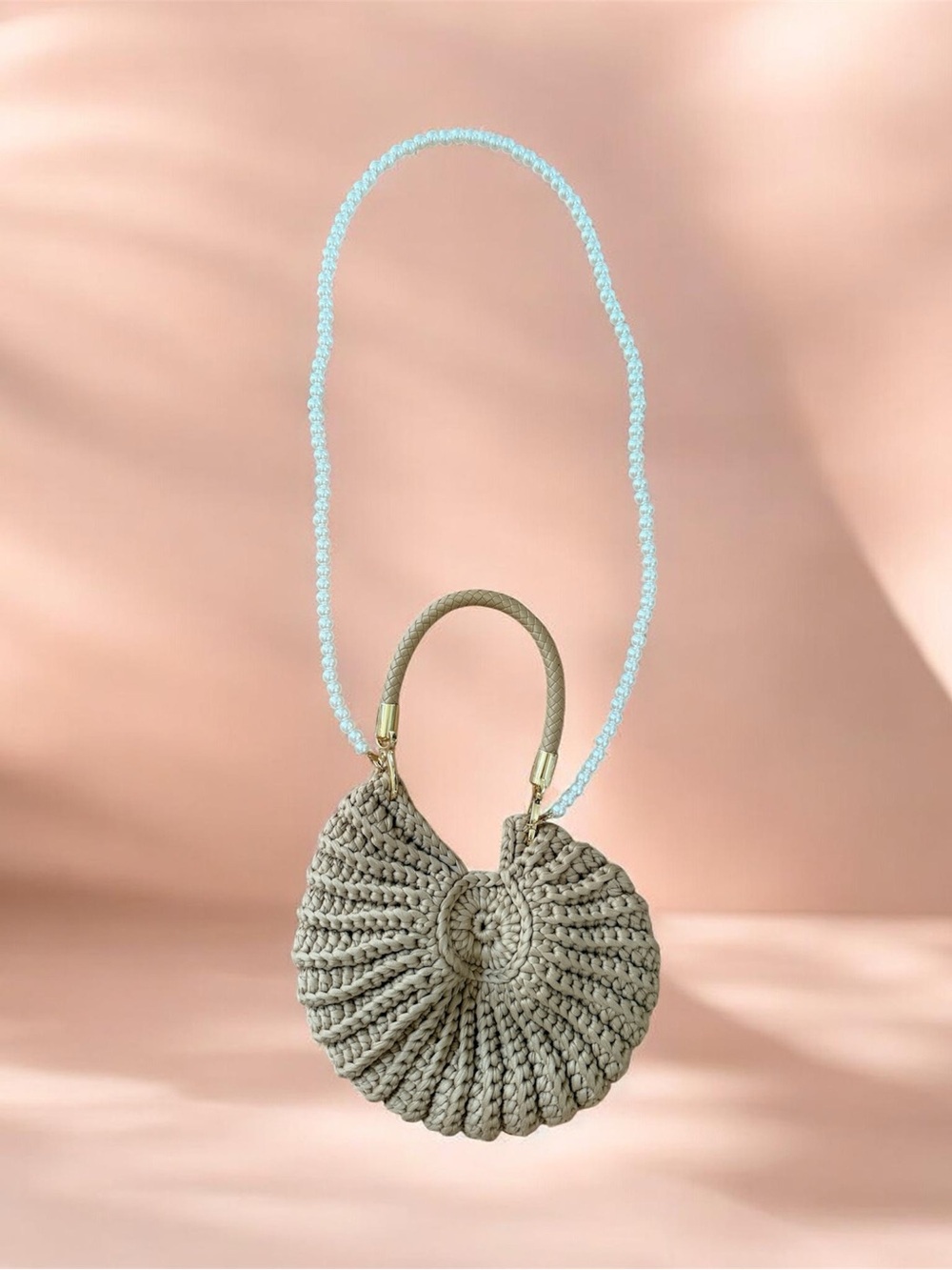 Beige Woven Round Crochet Crossbody Bag with Faux Pearl Strap - Picture 5 of 5
